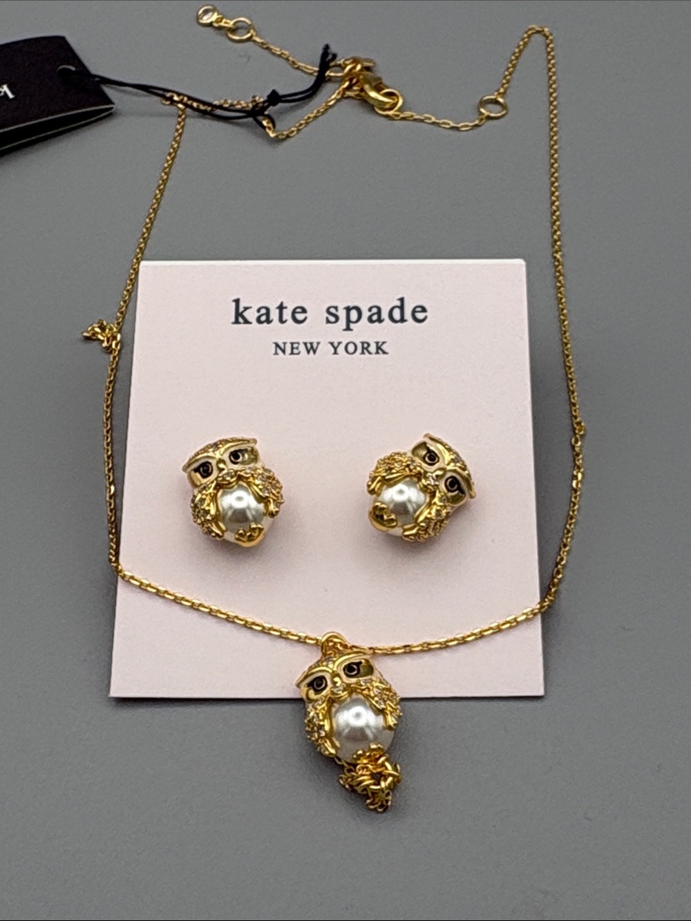 kate spade Gold Owl Pearl Pendant Necklace with Matching Studs
